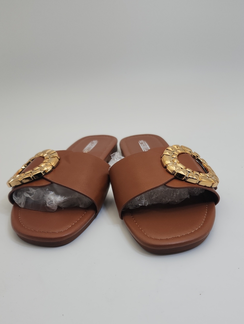 Seychelles Cognac Brown Leather Slide Sandals with Hammered Gold Buckle Sz 7.5 - Picture 2 of 11